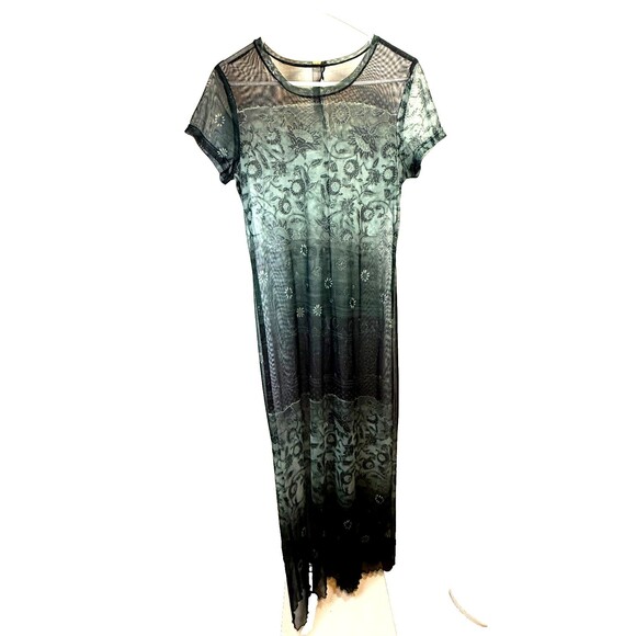 Unbranded Dresses & Skirts - Women’s Black Green Sheer Maxi Dress Goth Witchy Rolled Hem Short Sl Sz Large